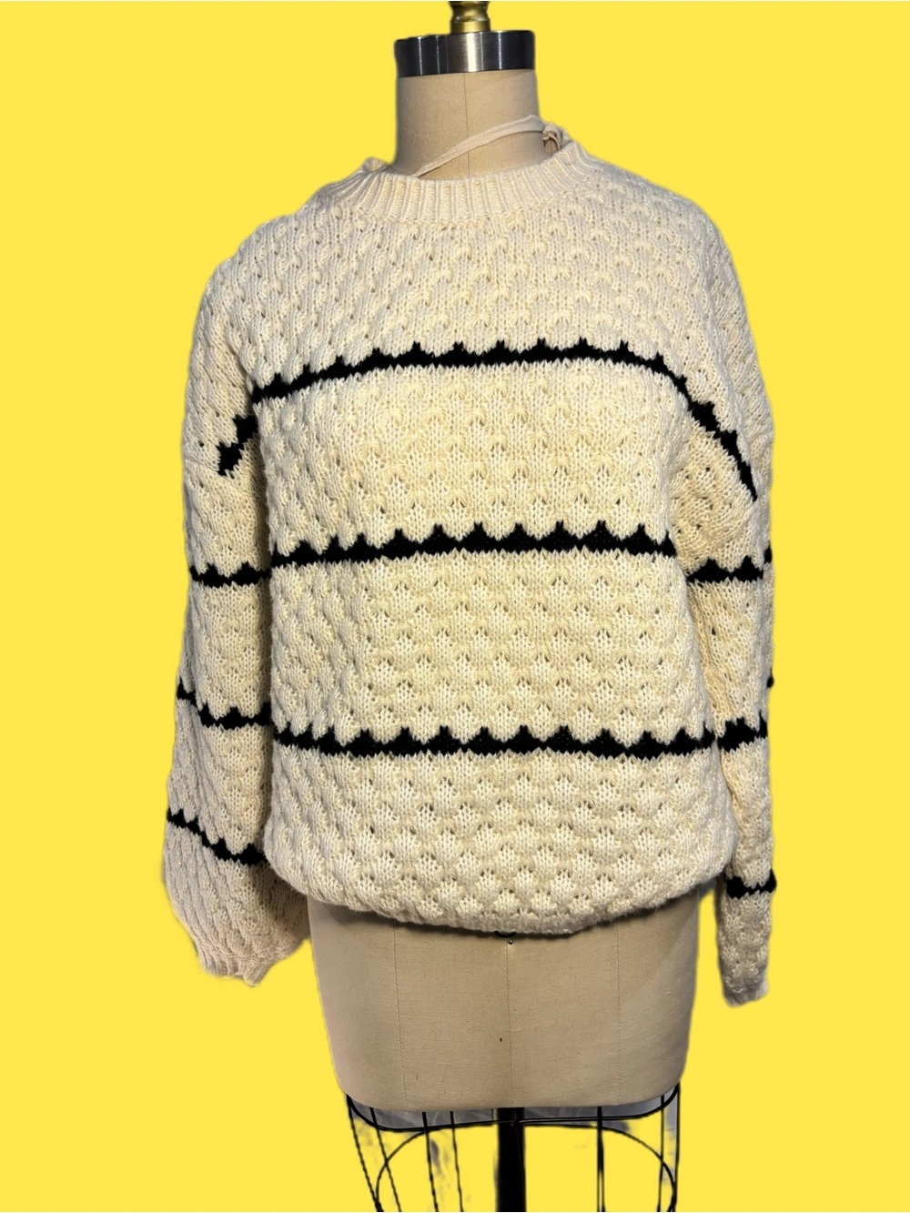 Cream Crewneck Cable Knit Sweater with Black Stripes